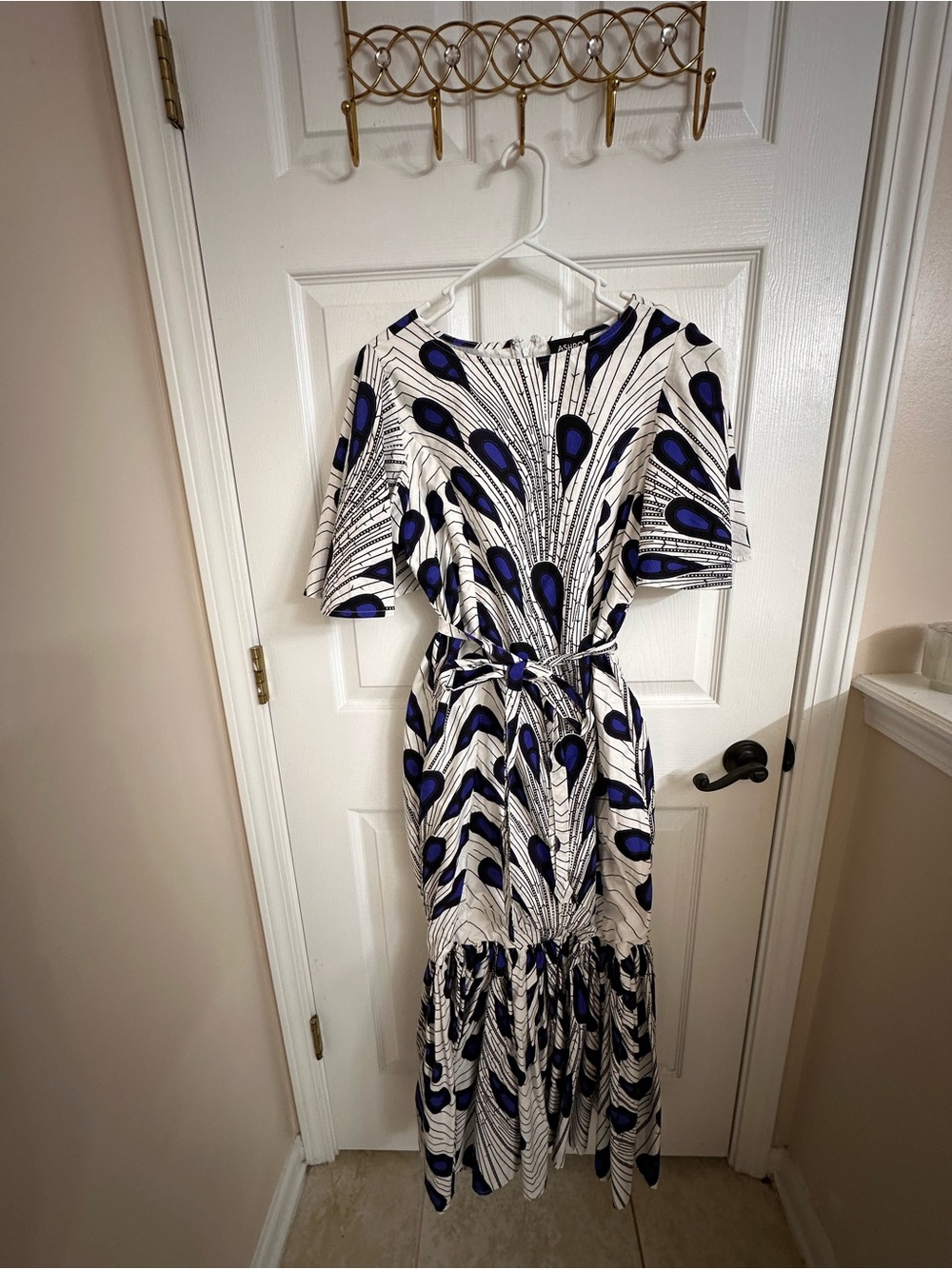 Printed White Maxi Dress with Royal Blue Accent and Tie Waist